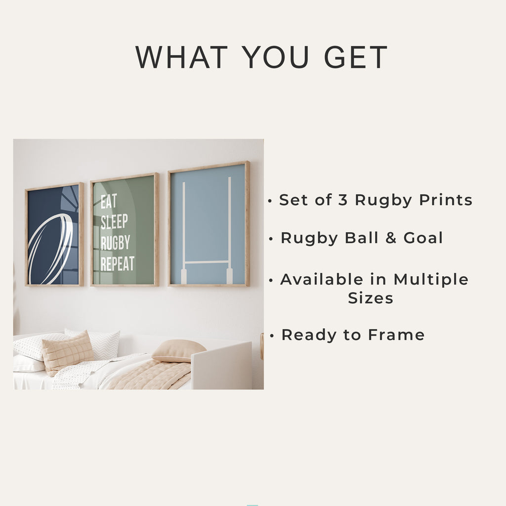 Rugby Wall Art Set of 3 Navy Boys Bedroom Decor Nursery Sports Prints