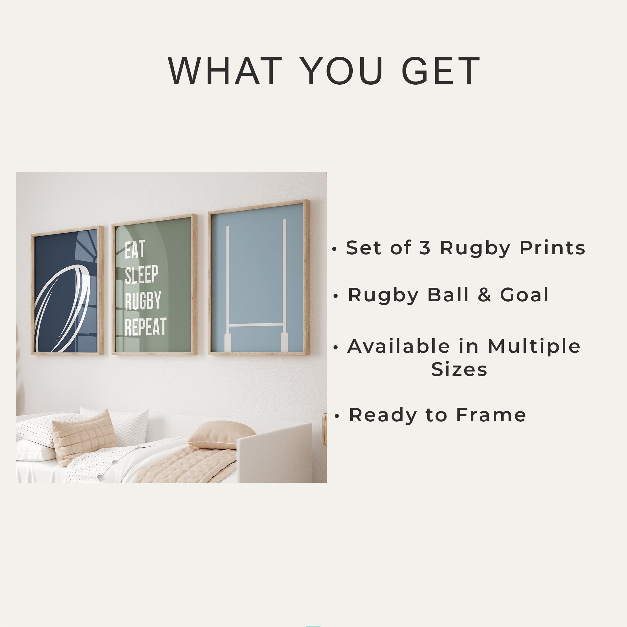 Rugby Wall Art Set of 3 Navy Boys Bedroom Decor Nursery Sports Prints
