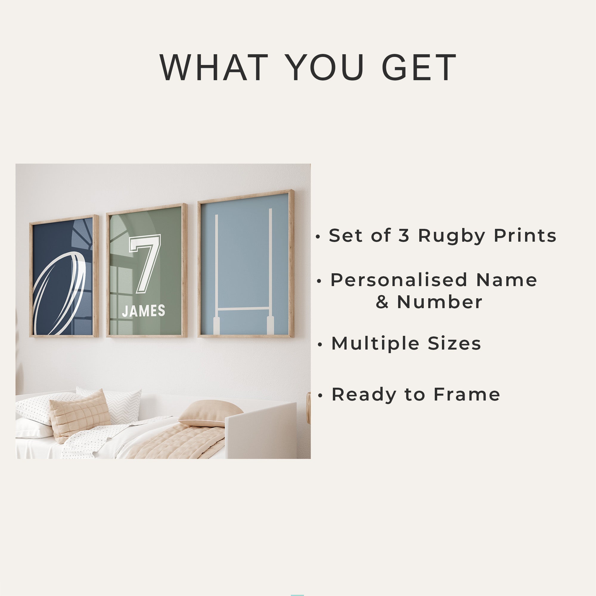 Personalised Rugby Wall Art Set of 3 Boys Bedroom Prints