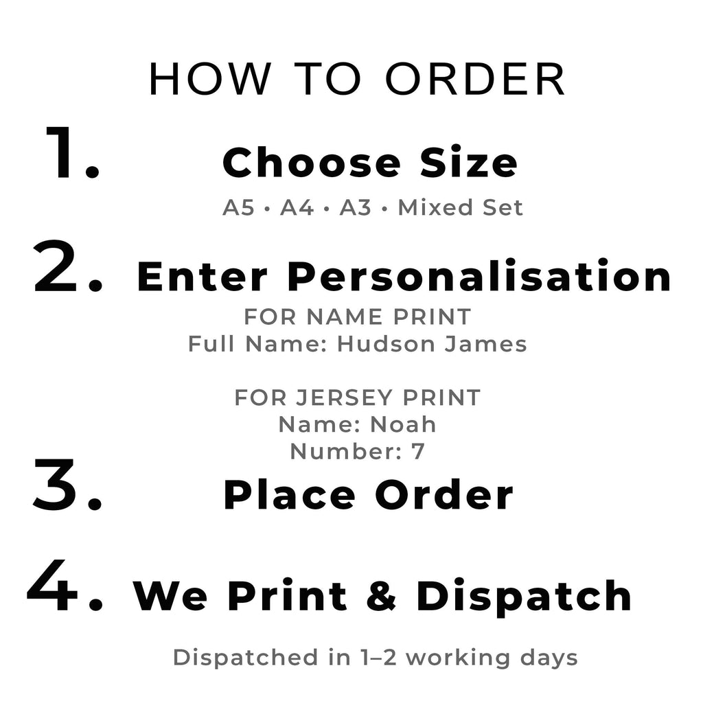 Personalised Sports Wall Art Set of 6, Neutral Kids Prints - how to order