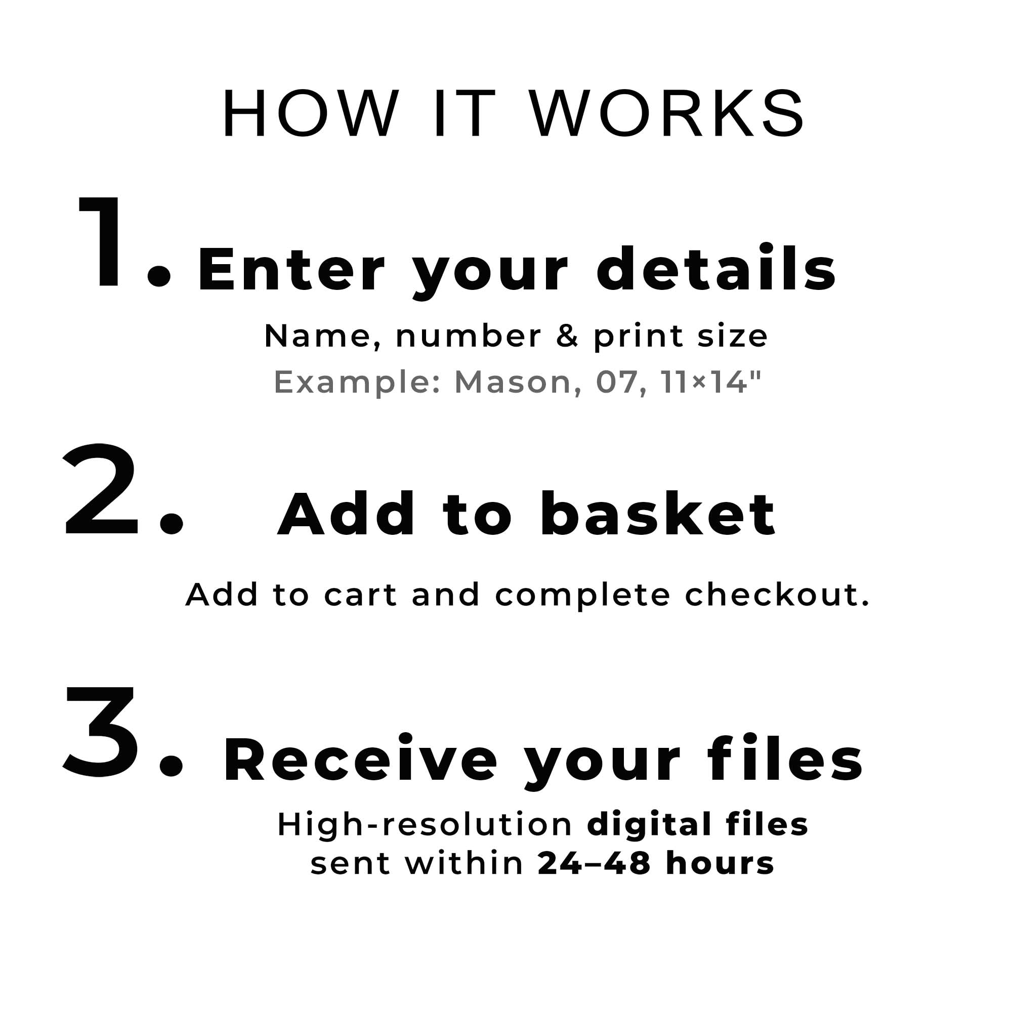 How personalised Bury Prints digital downloads work: enter name, number and print size, checkout, then receive high-resolution files within 24–48 hours
