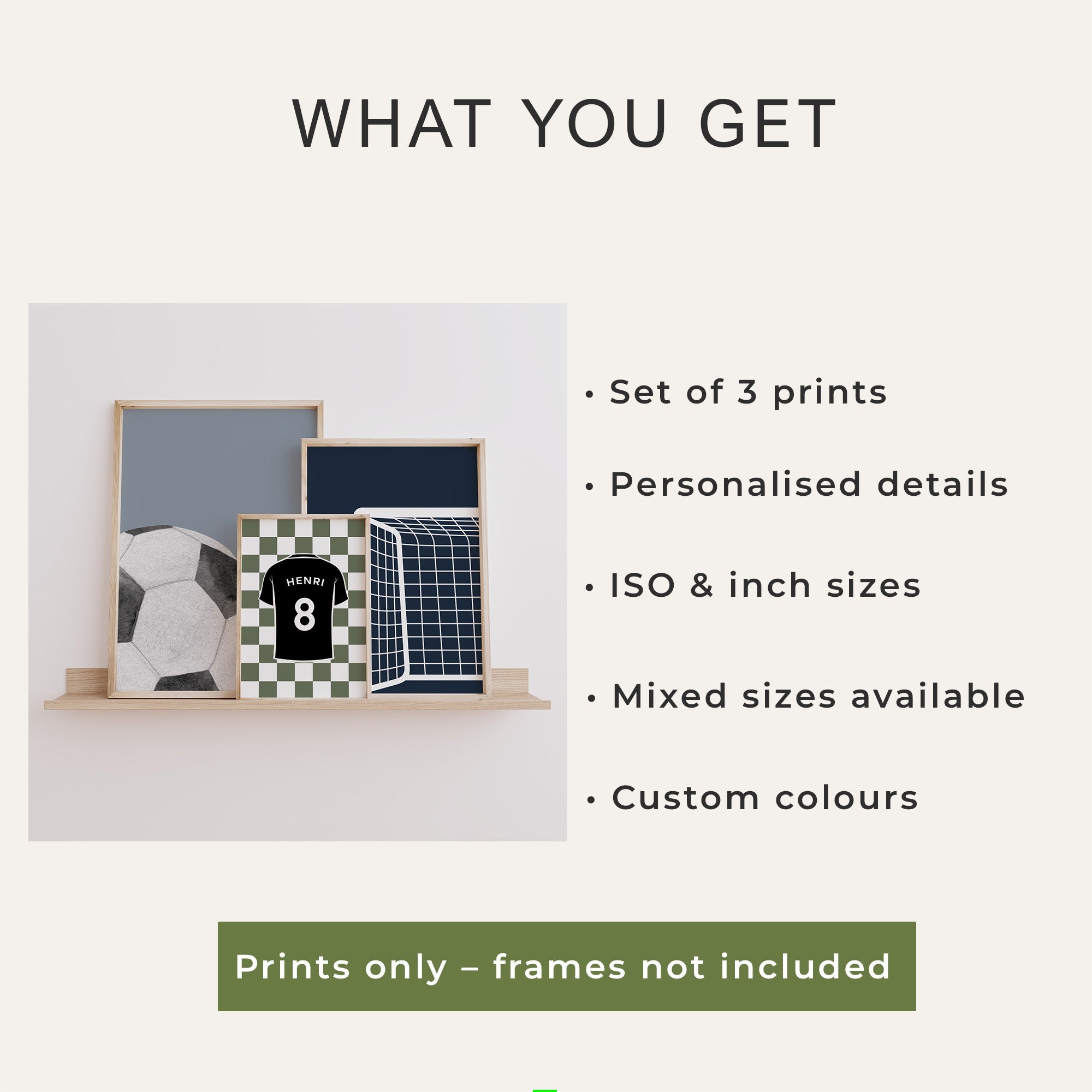 What you get with the EF01 personalised football wall art digital download set of 3