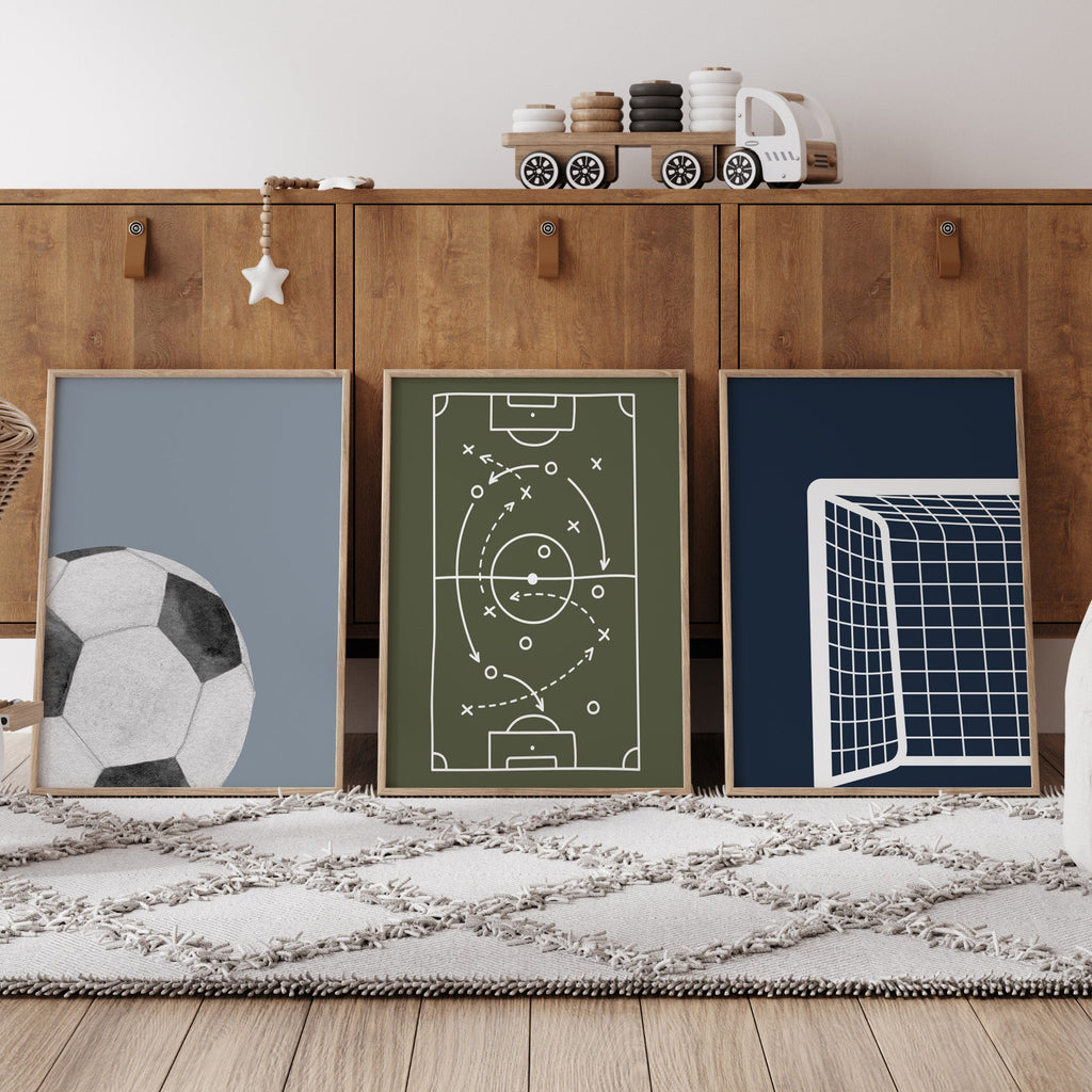 Football prints set of 3 displayed in a neutral boys bedroom