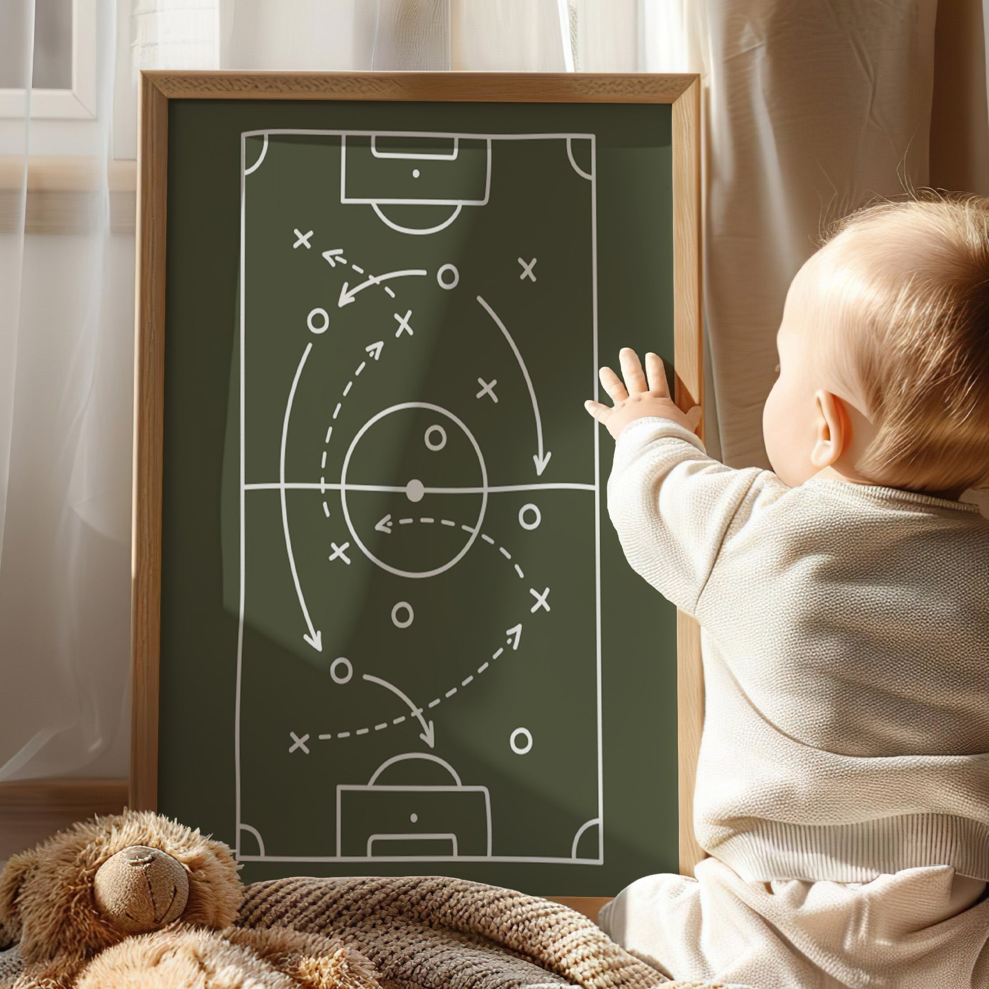 Coordinated football wall art set with ball, tactics board and goal net designs