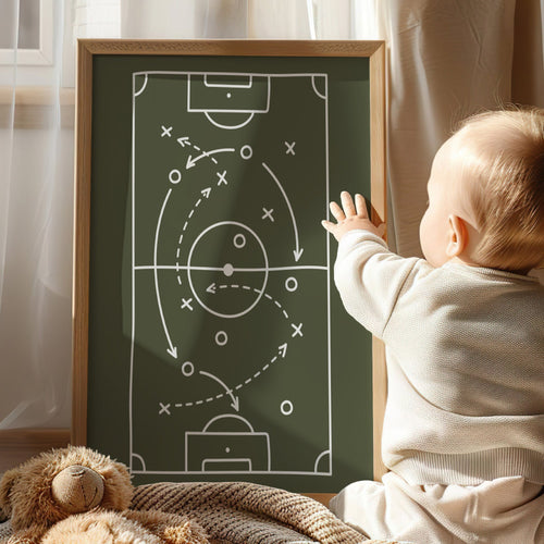 Coordinated football wall art set with ball, tactics board and goal net designs