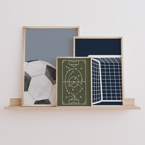 Football prints set of 3 in navy, olive and grey displayed in a boys bedroom
