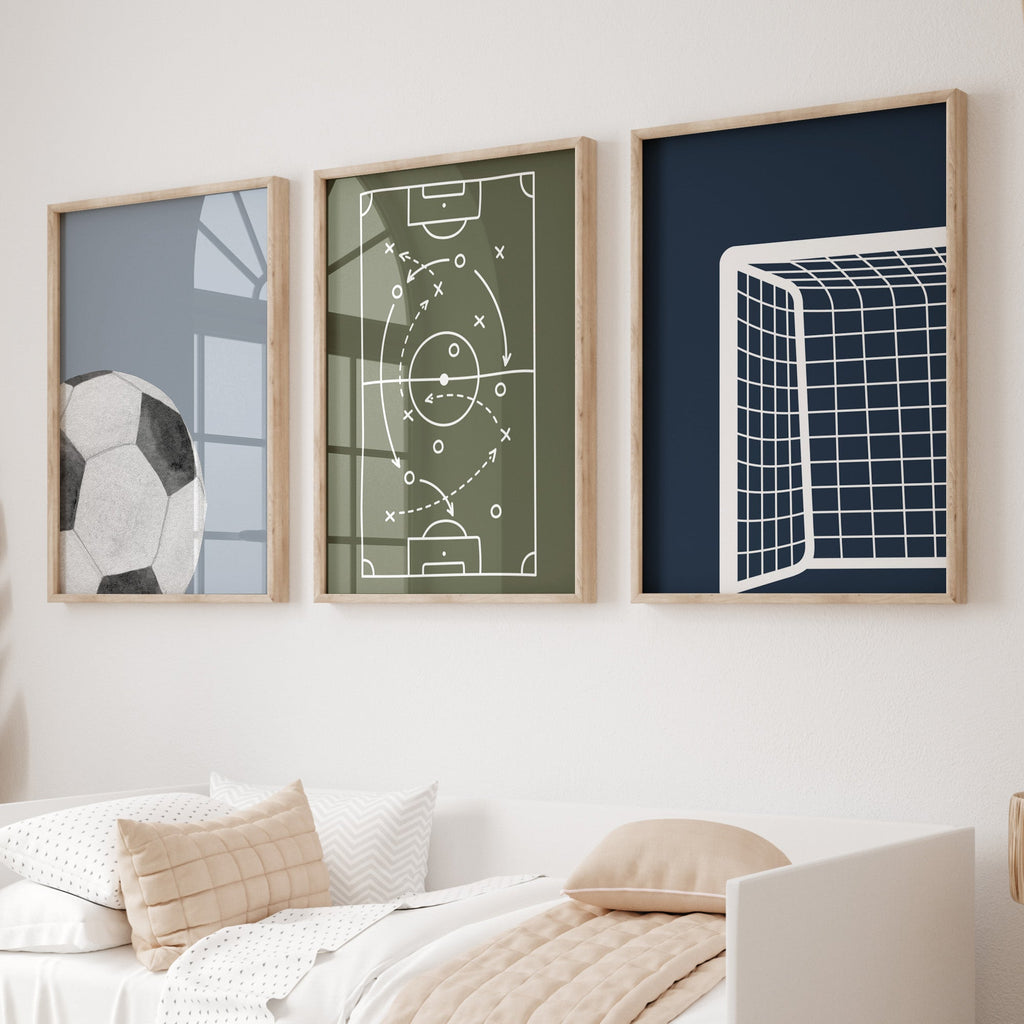 Navy olive and grey football bedroom wall art set displayed above furniture