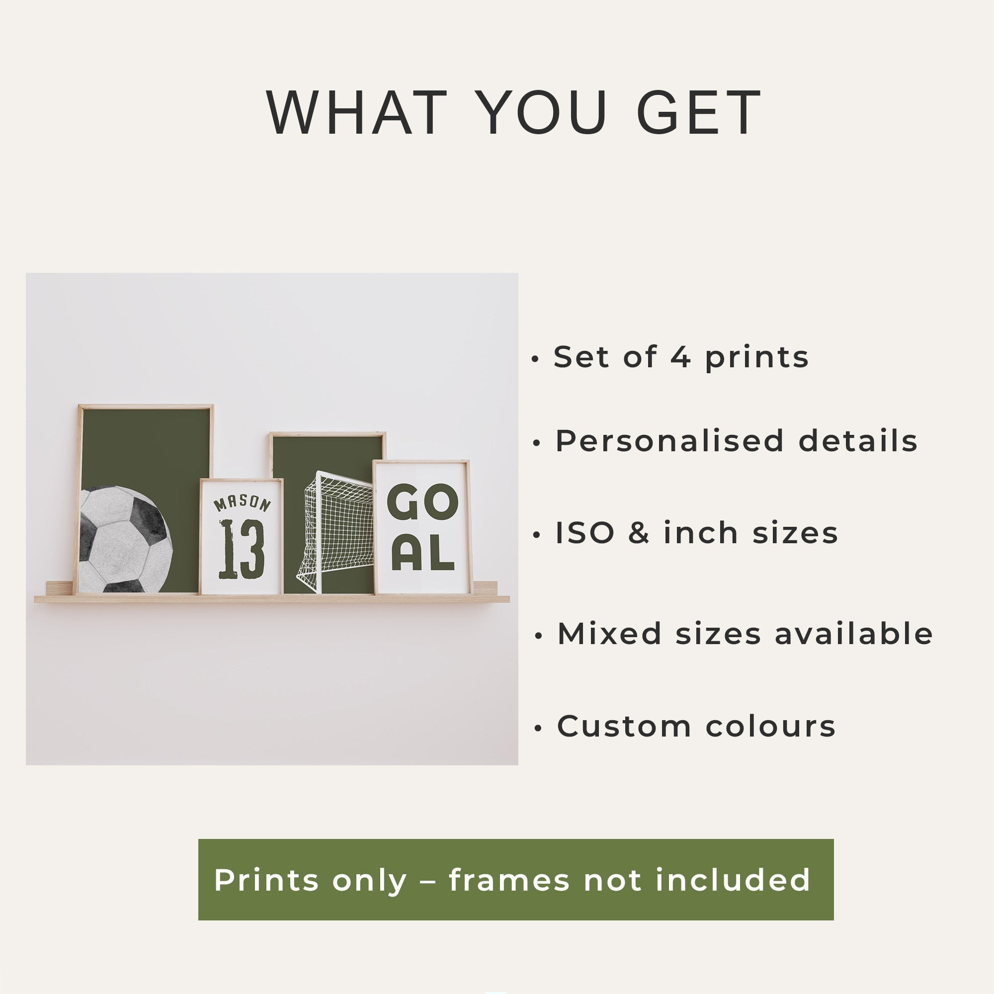 What you get with the personalised football wall art set of 4