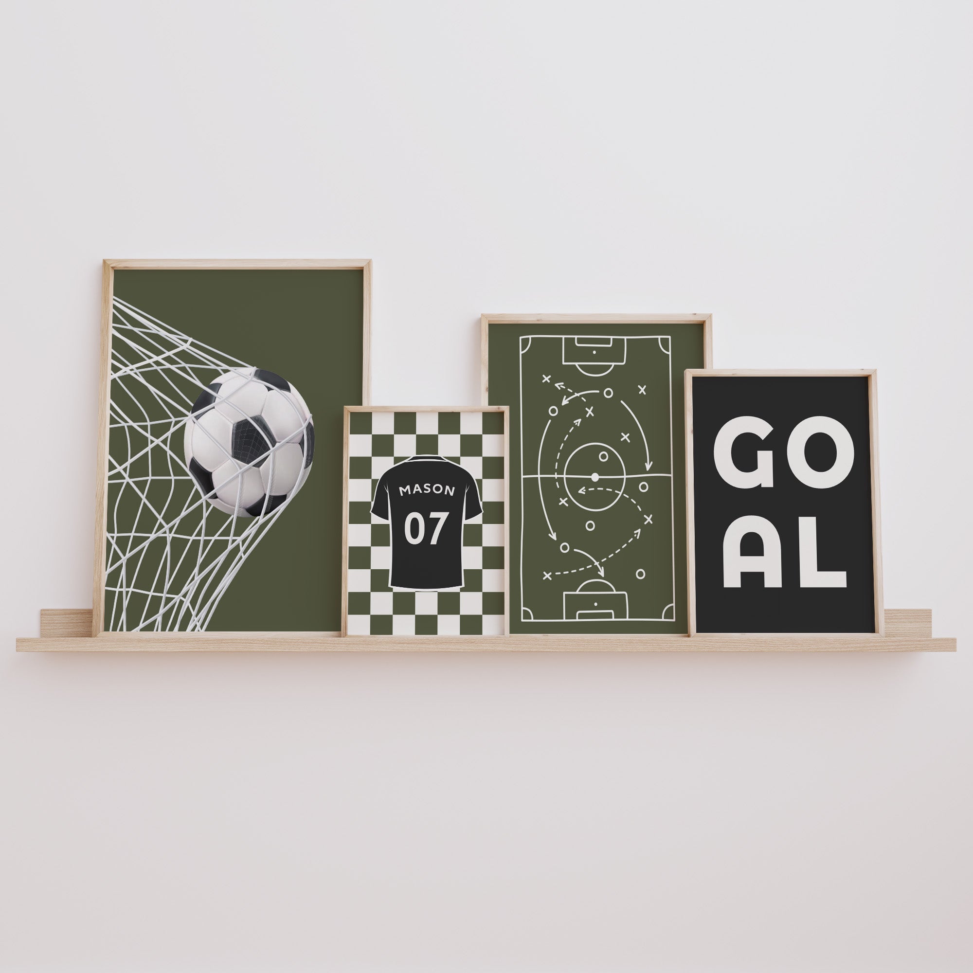 Personalised olive football wall art digital download set of four in a bedroom