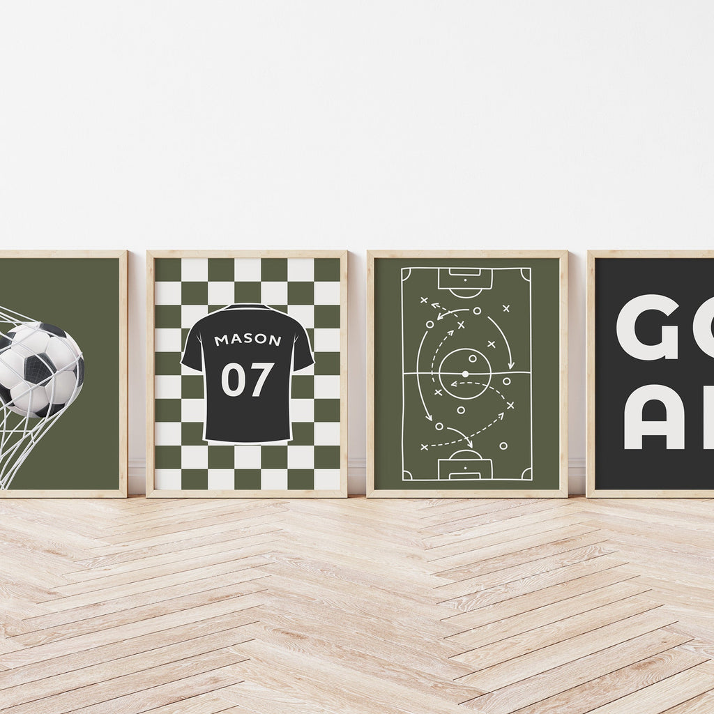 Olive football digital wall art set displayed in a child's bedroom