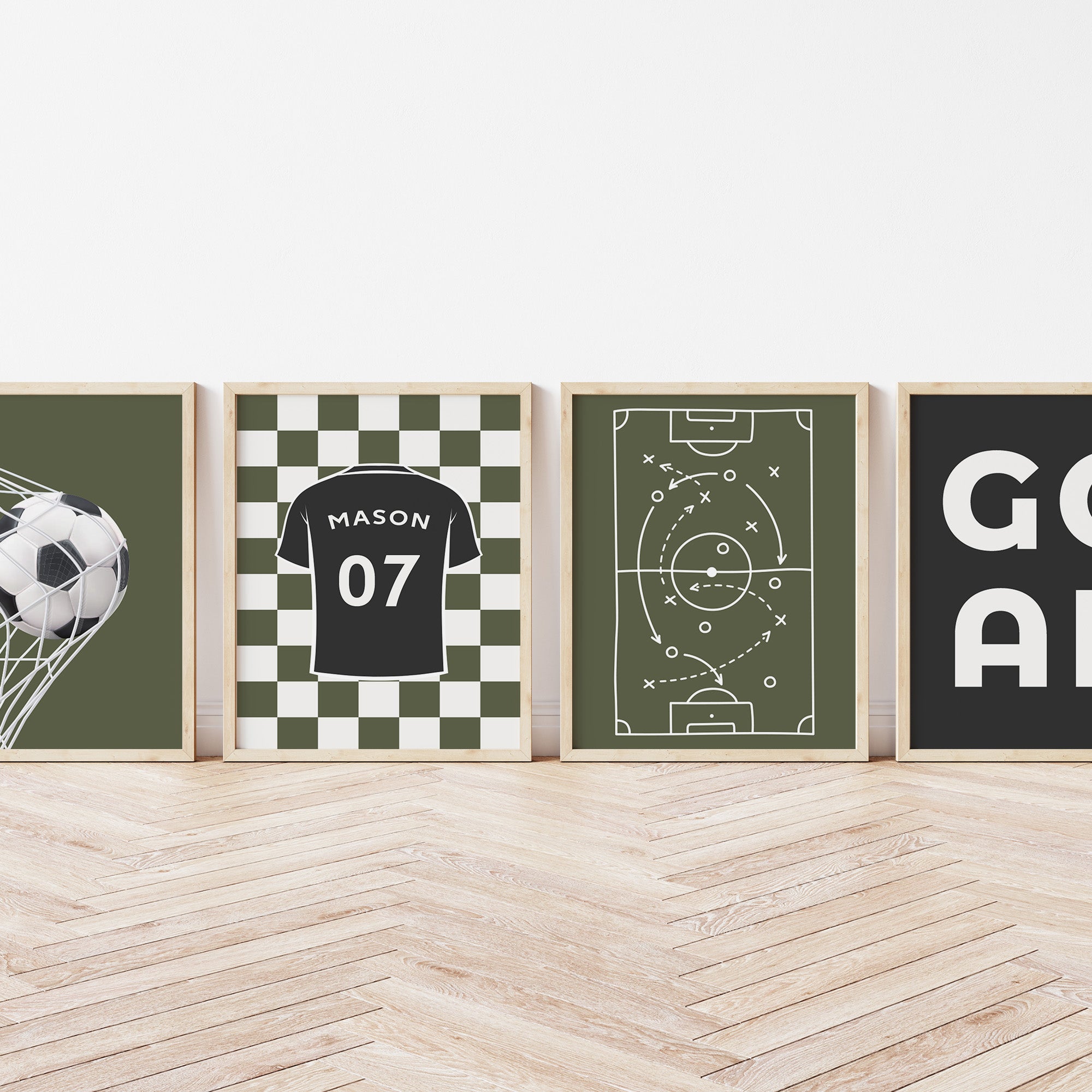Olive football digital wall art set displayed in a child's bedroom